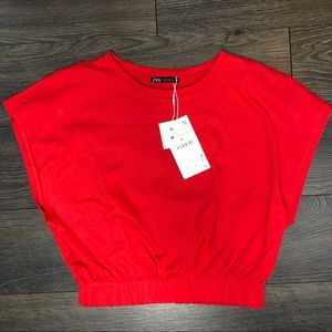 Zara Red T Shirt with elastic Waistband & Wide Arm Holes Sz M